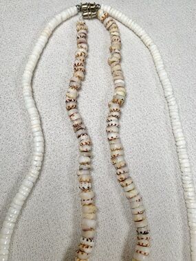 Two Puka Shell Necklaces in Ivory & Tiger 15” & 18”
